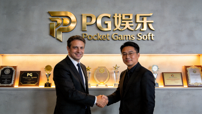 Pocket Games Soft高管与中国合作伙伴握手，背景是PG娱乐品牌墙，象征着深度合作与市场认可