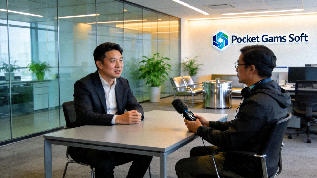 Pocket Games Soft亚太区负责人在现代化办公室中接受专访的场景